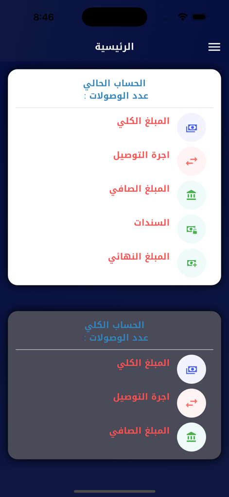 محطة بغداد للتوصيل السريع - Baghdad Station Express Delivery mobile app dashboard showing account balance and delivery fees in Arabic.