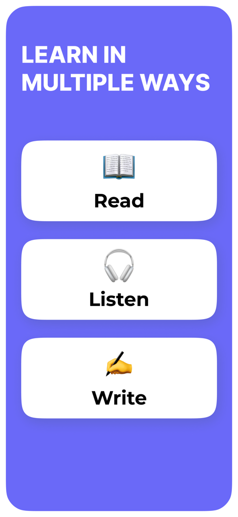 A screen from Noji app titled Learn In Multiple Ways showcasing options for Read Listen and Write modes