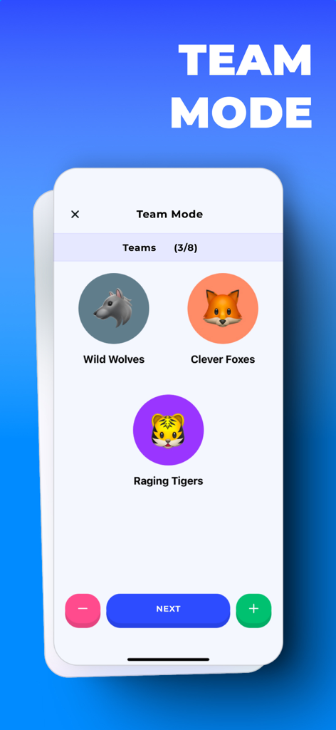 Team Mode selection screen in Charades Fun Party Guess Game showing Wild Wolves Clever Foxes and Raging Tigers icons