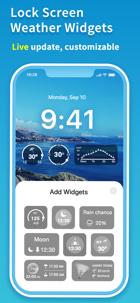 iphone lock screen showing various customizable weather widgets like temperature rain chance and storm tracking
