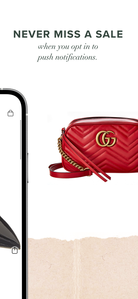 Rue La La App-Bildschirm wirbt für Push-Benachrichtigungen für Mode-Sales mit einer roten Gucci-Tasche