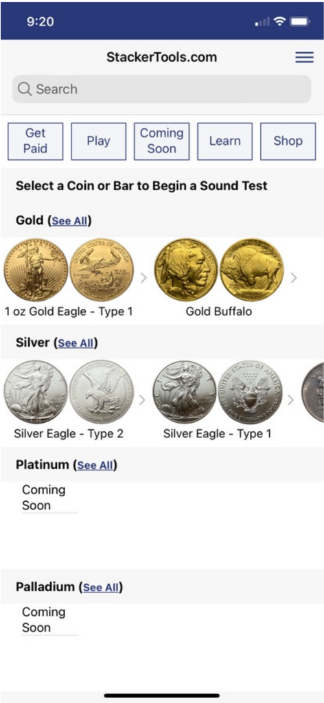 Interfaz que muestra una selección de monedas de oro y plata para la prueba de sonido en la app StackerTools