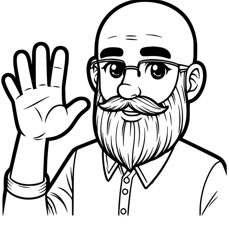 bald man with a beard waving hand