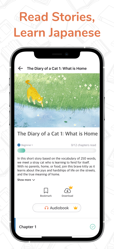 Yomu Yomu app interface showing a Japanese story for beginners titled The Diary of a Cat with audiobook and download options.