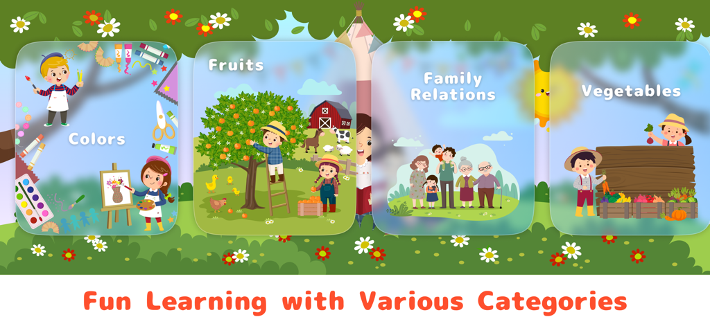English for Kid - Play & Learn - Four educational category cards for kids including Colors, Fruits, Family Relations, and Vegetables
