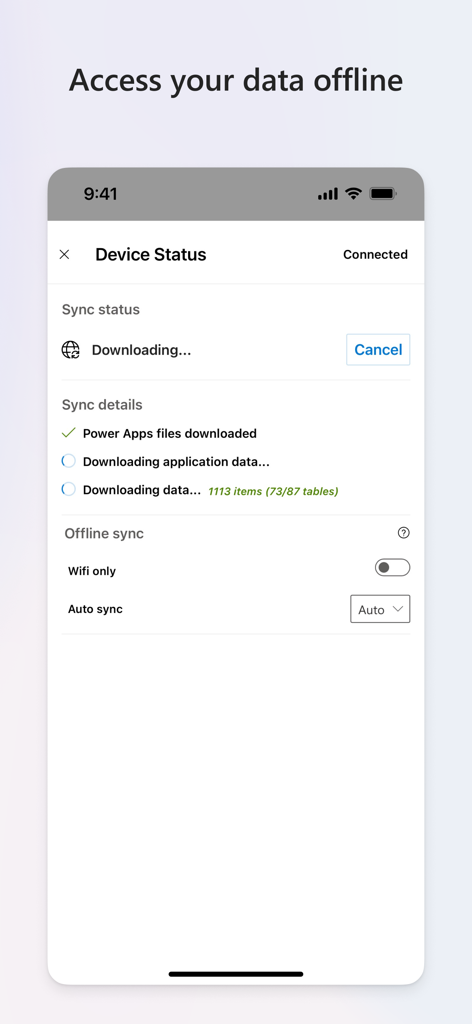 Dynamics 365 Field Service - Dynamics 365 Field Service App zeigt den Status der Offline-Datensynchronisierung und Geräteeinstellungen an.