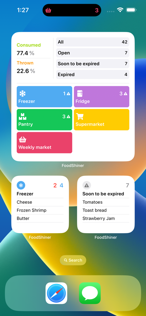 FoodShiner: Pantry Companion - 食品在庫レベルと賞味期限リマインダーを表示するFoodShinerウィジェットを備えたiPhoneホーム画面