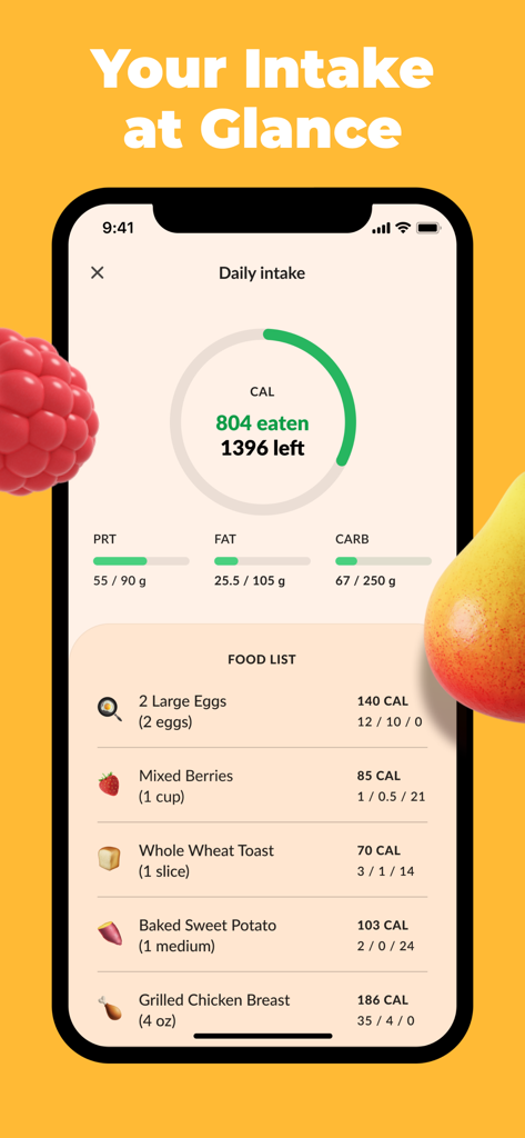 Lolo: Food & Calorie Tracker - Dashboard da app Lolo de rastreamento de calorias mostrando objetivos diários de calorias e macros com um registo de alimentos