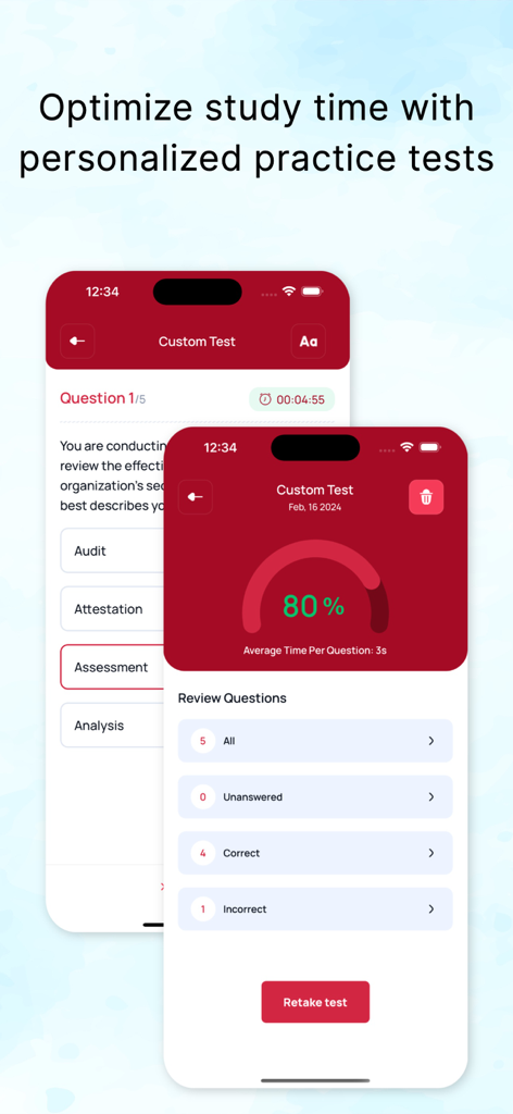 CompTIA Security+ by LearnZapp - Screenshots of custom practice tests and exam results in the CompTIA Security Plus app