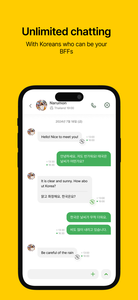 A mobile screen showing the KFriends app chat interface with English and Korean text for language learning.
