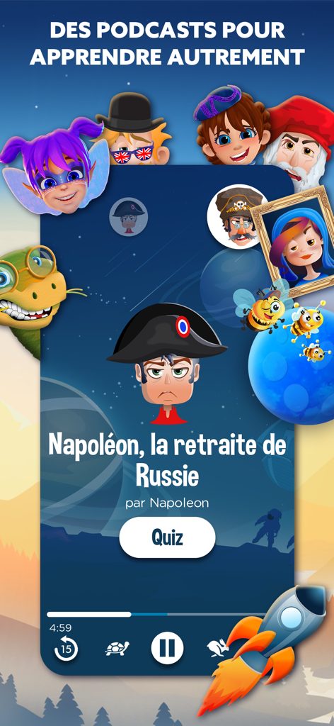 Eine Podcast-Player-Oberfläche in der Wiloki-App mit einer Geschichtsstunde über Napoleon mit Avataren und einer Quiz-Schaltfläche.