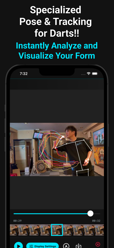 A dart player throwing with AI skeletal tracking and colorful arm trajectory overlays for performance analysis