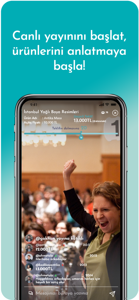 Bidsee - Online Auction - A mobile interface showing a live auction broadcast with real-time bidding and chat features on the Bidsee app