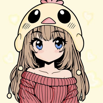 anime girl with chick shaped hat with sweater with bare shoulders with bangs covering them one eye with low tail