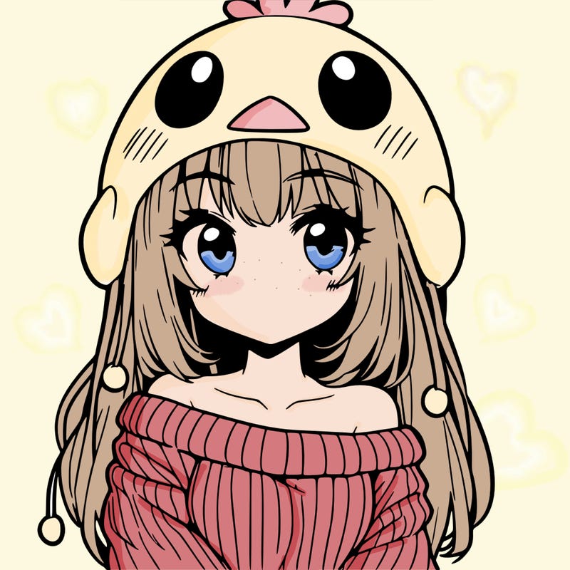 anime girl with chick shaped hat with sweater with bare shoulders with bangs covering them one eye with low tail