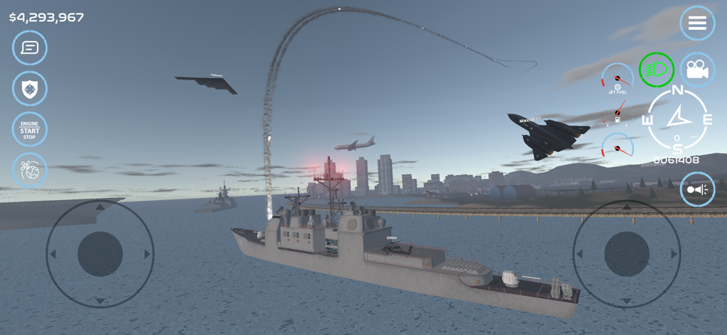 Capture d'écran du jeu montrant un navire de guerre et des avions dans l'environnement en monde ouvert.