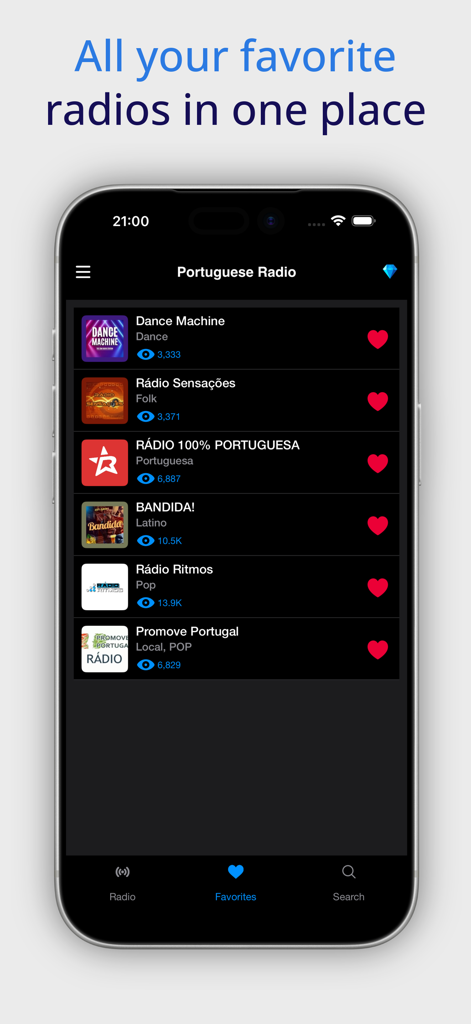 Portuguese Radio Online - A smartphone screen displaying the favorites section of the Portuguese Radio Online app with a list of saved radio stations in dark mode.