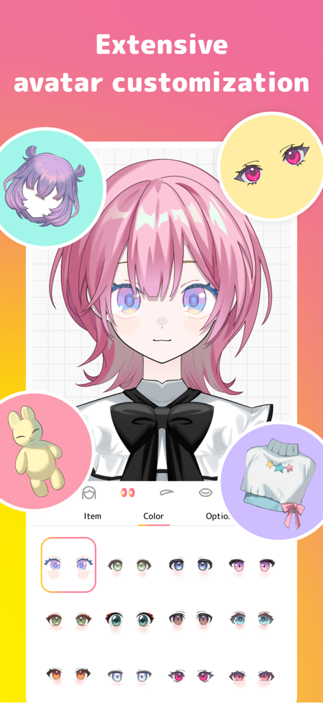 Avvy app interface showing extensive anime avatar customization with various hair, eyes, and clothing options
