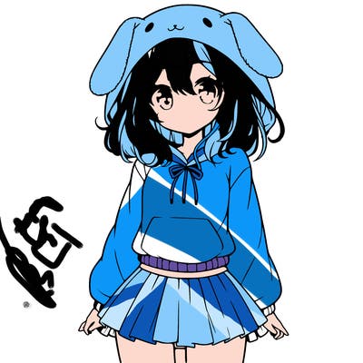 pretty anime girl wearing a fluffy hoodie with bunny ears on the hood and a skirt