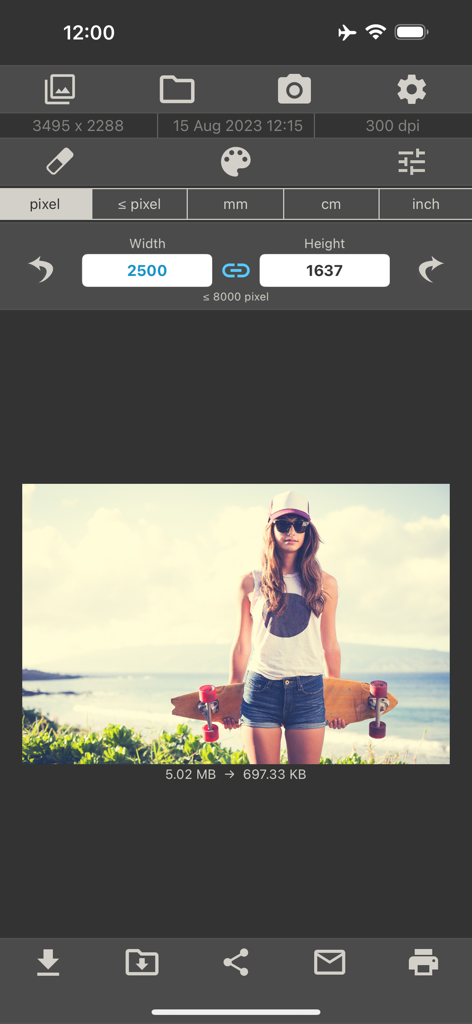 Interfaccia utente dell'app Dimensioni Immagine che mostra una foto in fase di ridimensionamento inserendo valori di larghezza e altezza in pixel