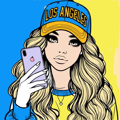 realistic beautiful girl wearing los ángeles cap holding an iphone