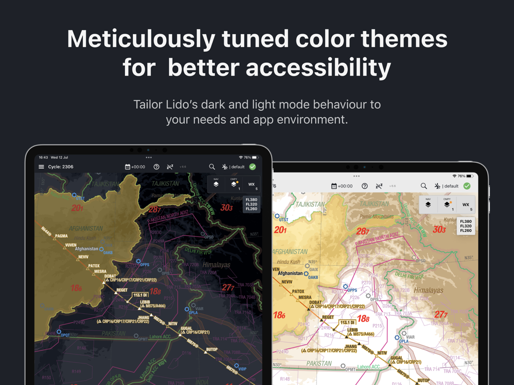 Lido mPilot - Comparison of Lido mPilot navigation charts in dark and light modes on an iPad