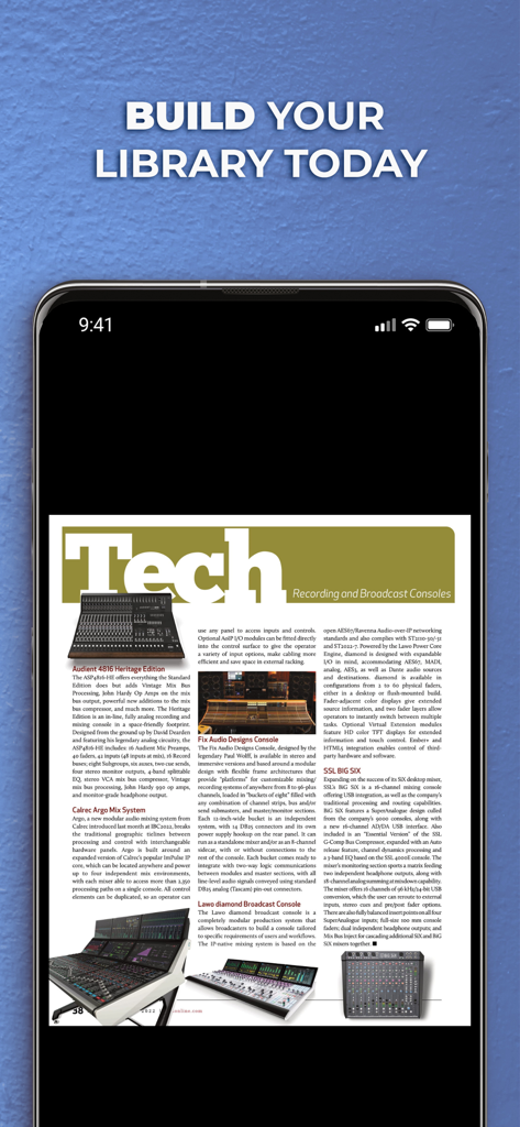 A smartphone screen displaying a tech article about recording and broadcast consoles within the Mix Magazine plus app.