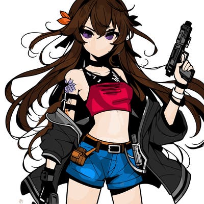 bad girl wearing crop top holding a gun long hair anime