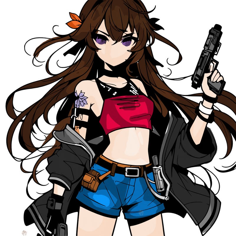 bad girl wearing crop top holding a gun long hair anime