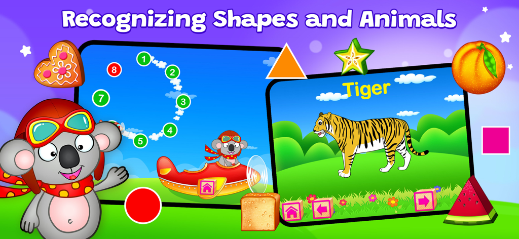 123 Fun GAMES Top Educational - Pantalla de juego educativo para niños que muestra actividades de reconocimiento de formas y animales con una mascota koala de dibujos animados