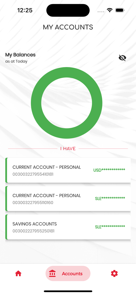 SLCB - The My Accounts screen of the SLCB mobile app displaying personal current and savings accounts in USD and SLE