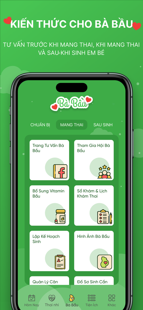 Con Yêu - App Cho Mẹ Và Bé - Interfaccia dell'app Con Yeu che visualizza risorse per la gravidanza e strumenti di monitoraggio in vietnamita