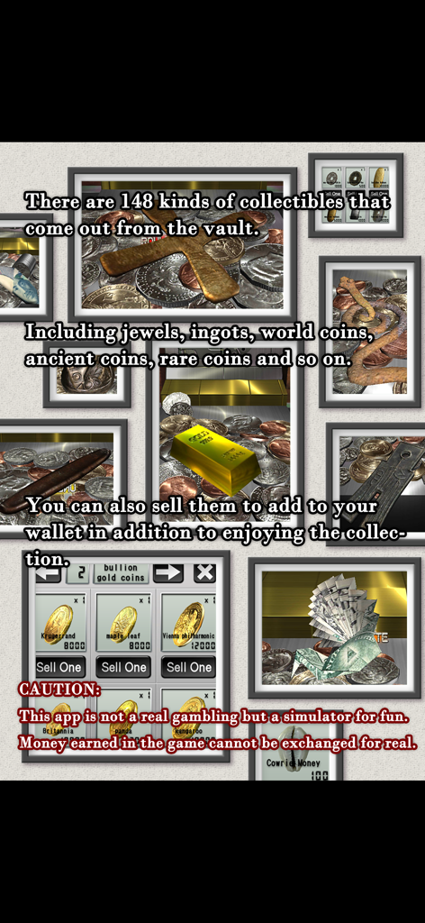 Display of rare collectibles and coins in the Money Pusher USD app