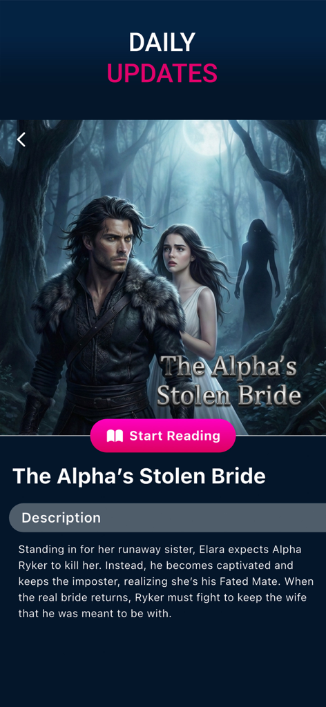 DearStory: Passion for Fiction - DearStoryアプリの画面。人狼ロマンスの物語「The Alpha's Stolen Bride」が表示され、説明と「読み始める」ボタンがあります。
