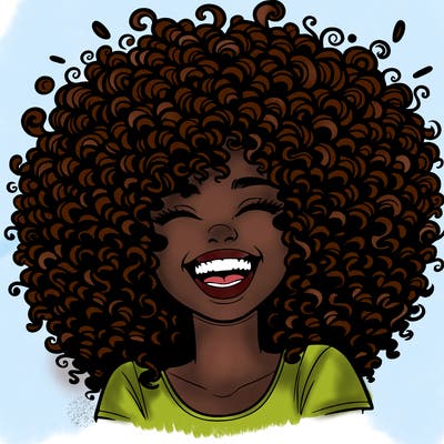 realistic girl with super curly hair laughing