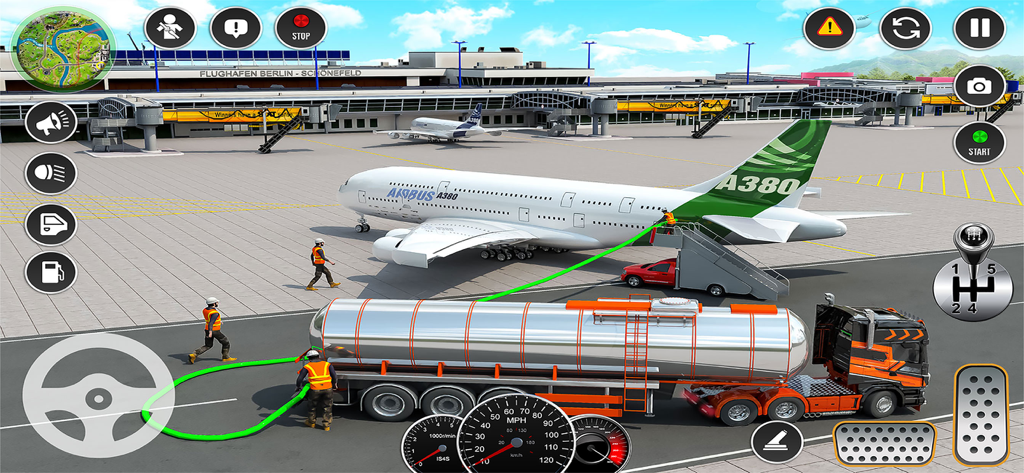 Oil Tanker Euro Truck 3D Games - Oil tanker truck refueling a large airplane at an airport in a 3D simulator game with realistic driving controls.