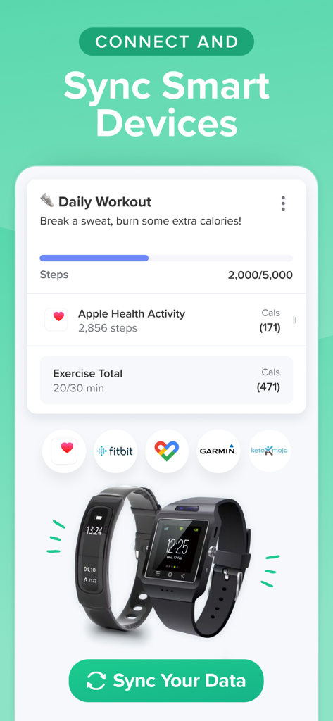 Carb Manager—Keto Diet Tracker - Carb Managerアプリのインターフェース。Apple HealthやFitbitなどのスマートデバイスを接続・同期して、毎日のフィットネスデータを追跡するためのものです。