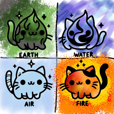 4 cats that represent the different elements, earth, water, air, and fire