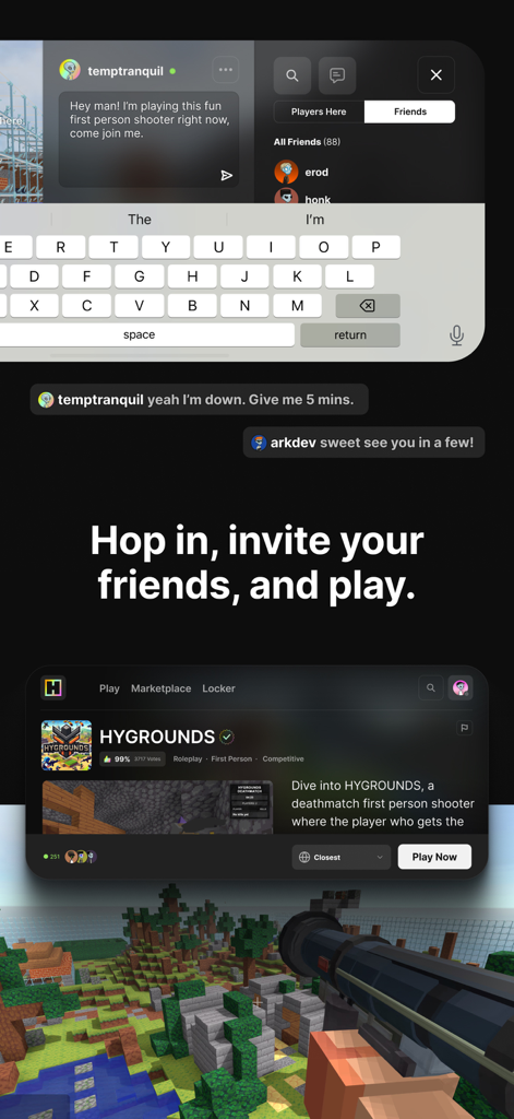 HYTOPIA: Friends & Family Fun - A chat interface for inviting friends to play a blocky first person shooter game in HYTOPIA.