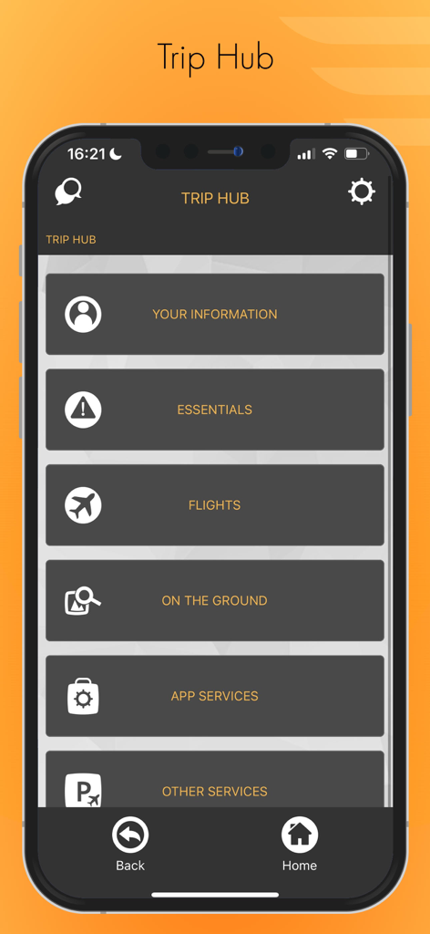Screenshot of the ViewTrail app Trip Hub showing main menu categories like Your Information, Essentials, and Flights.