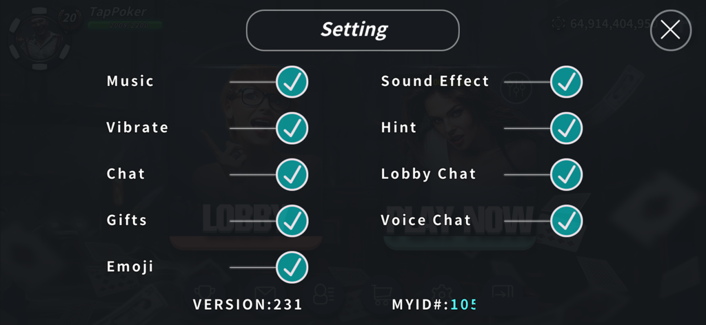 Tap Poker Social - Settings screen in Tap Poker Social showing toggle options for music, chat, emojis, and sound effects.