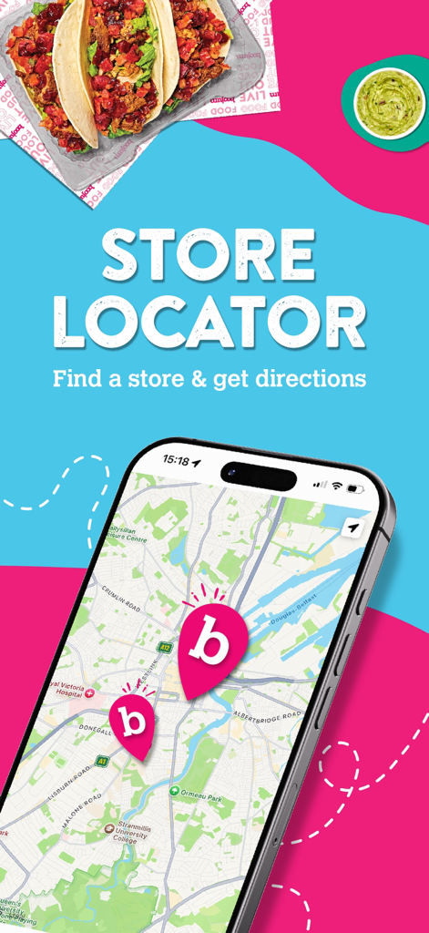 Boojum - Boojum app interface showing the store locator feature with a map and restaurant pins