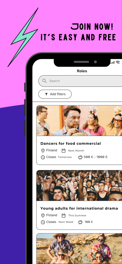 Faces by Helsinki Casting - A mobile phone displaying the Roles screen of the Faces by Helsinki Casting app with open casting calls for dancers and actors.