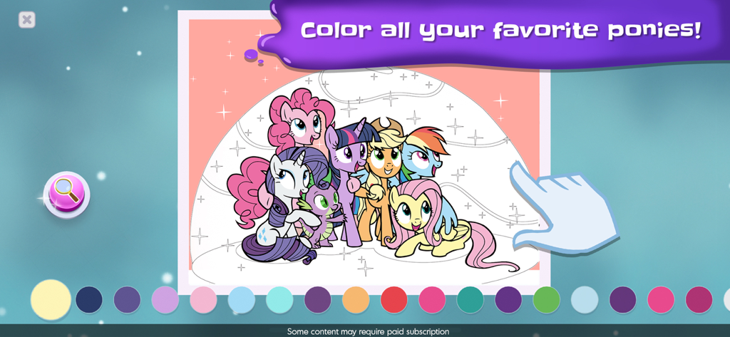 My Little Pony Color By Magic - Personaggi di My Little Pony su una pagina da colorare digitale con una tavolozza di colori