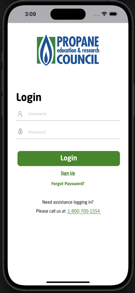 Login screen for the PERC App featuring the Propane Education and Research Council logo with username and password input fields.