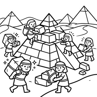 Introduce your toddler to the wonders of ancient Egypt with this delightful pyramid builders coloring page. Featuring friendly characters and simple shapes, it's perfect for developing fine motor skills and sparking imagination.