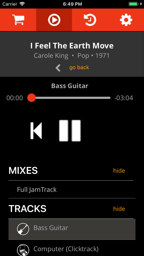 JamTracks - JamTracks app interface displaying an isolated bass guitar track for music practice and learning.