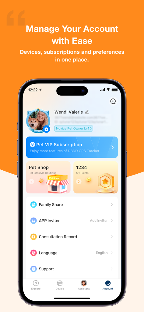 DBDD: Pet Tracker & Assistant - Interface of the DBDD Pet Tracker app account screen showing profile settings and subscription options