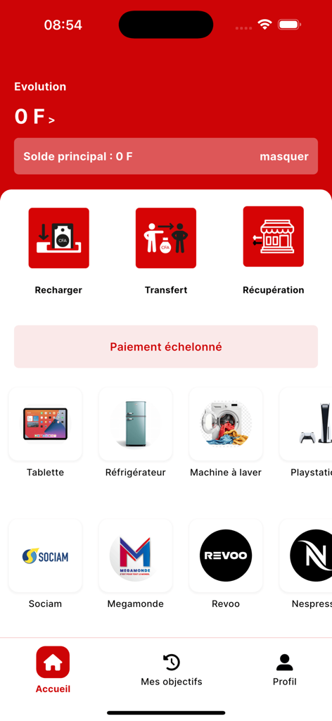Pantalla de inicio de la aplicación Molo Molo Pay mostrando opciones de pagos a plazos y categorías de productos como electrodomésticos y tabletas