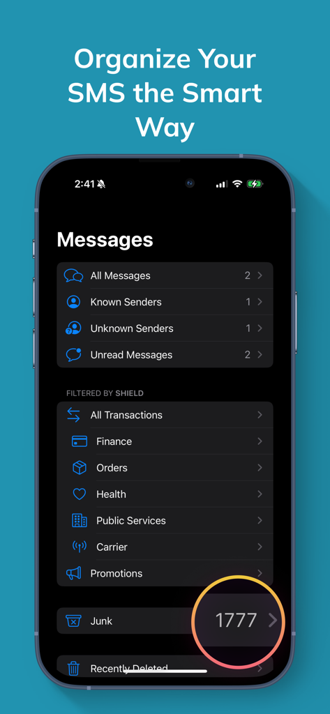 Shield app interface on iPhone showing smart SMS categorization folders including finance, orders, and junk messages.